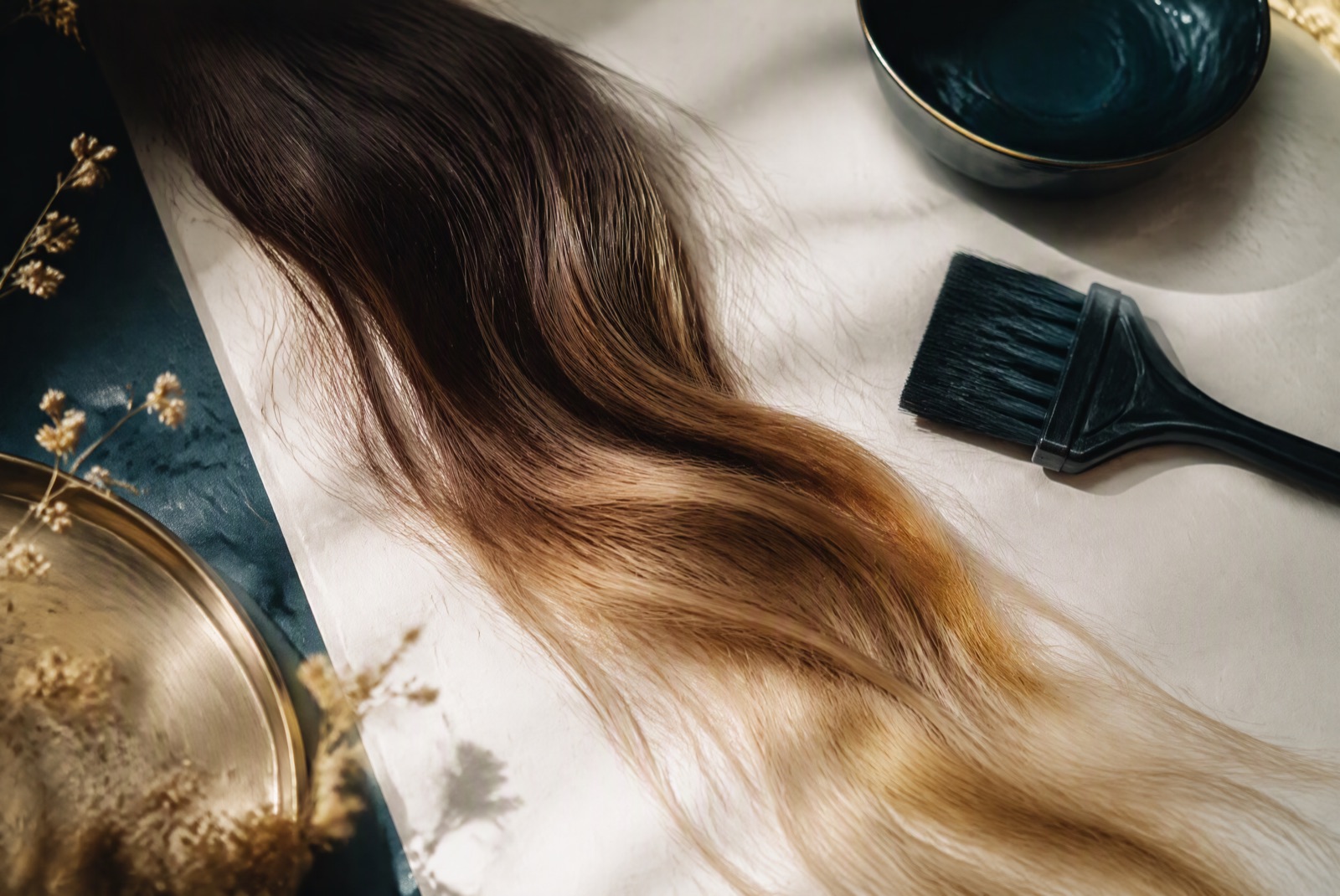 Mèche de cheveux en balayage, du brun au blond miel, à côté d’un pinceau de coloriste