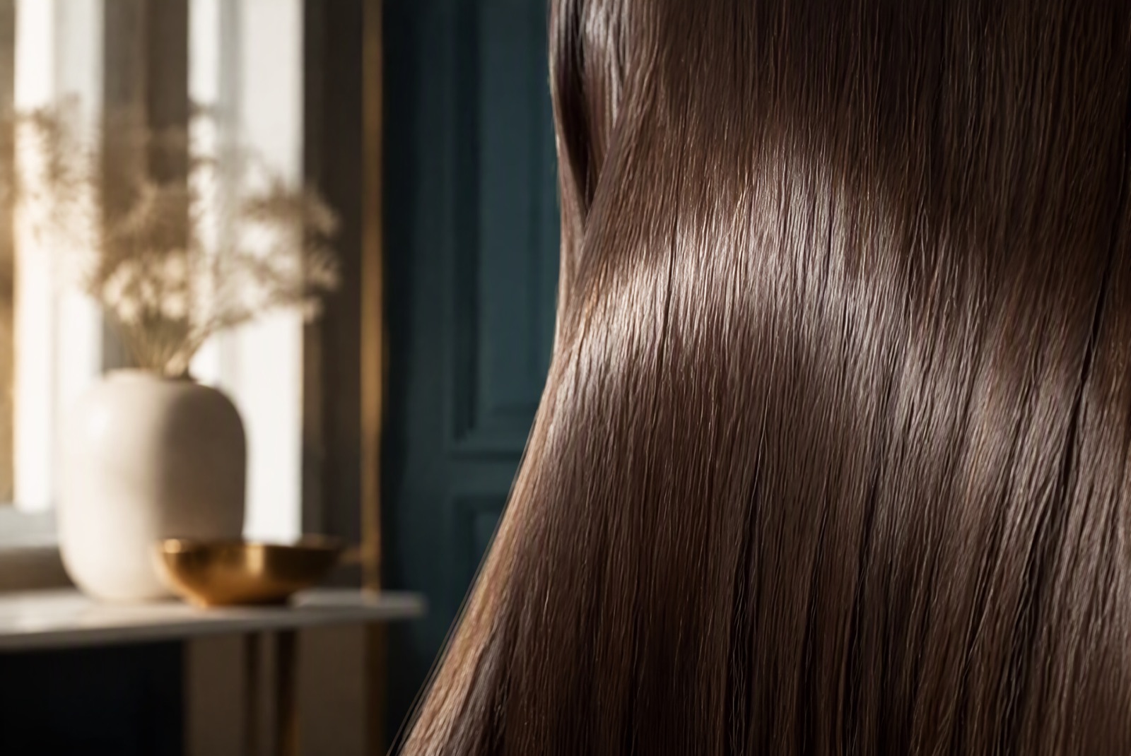 Close-up of smooth, glossy brown hair