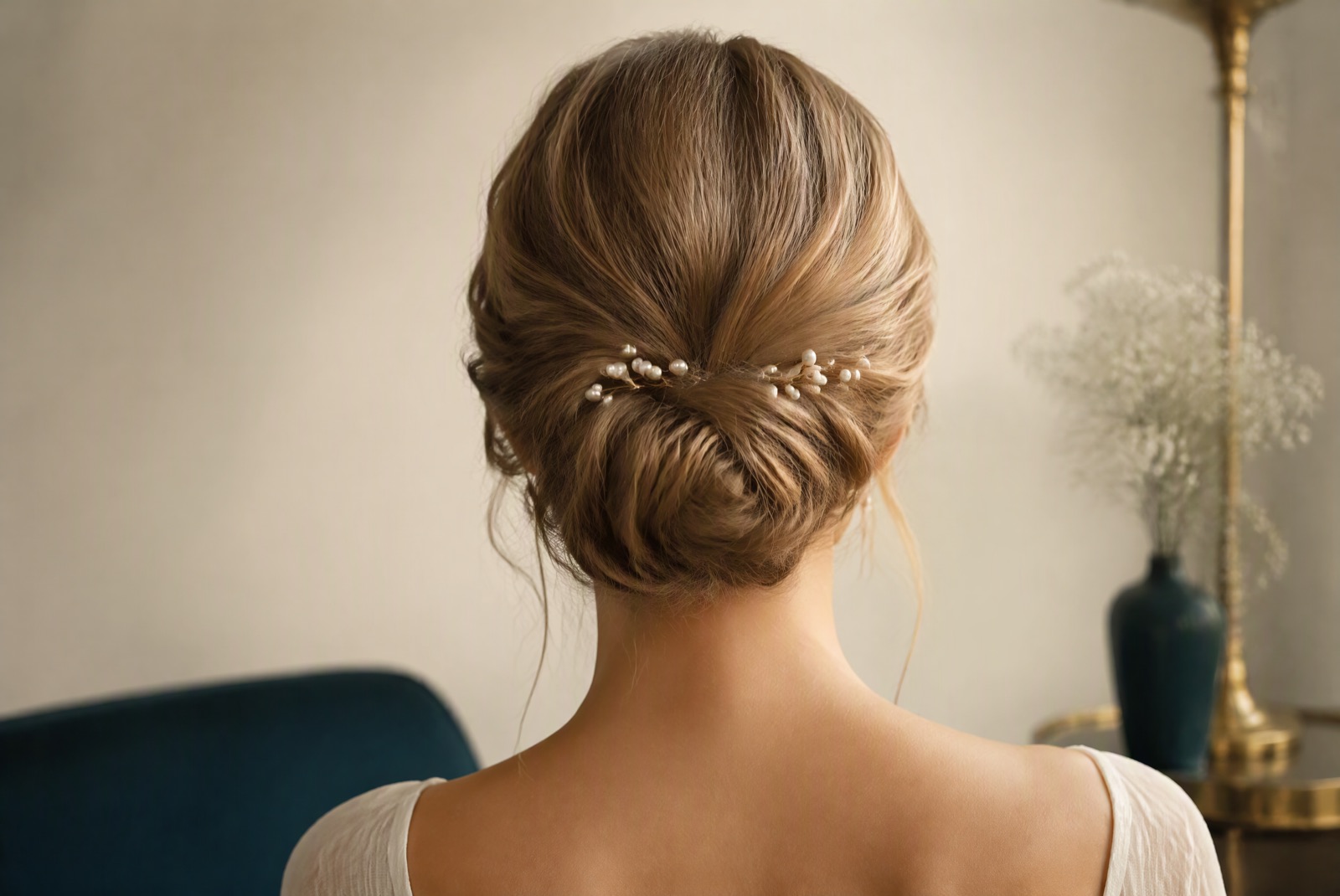 Chignon bas de mariée orné de petites perles, vu de dos