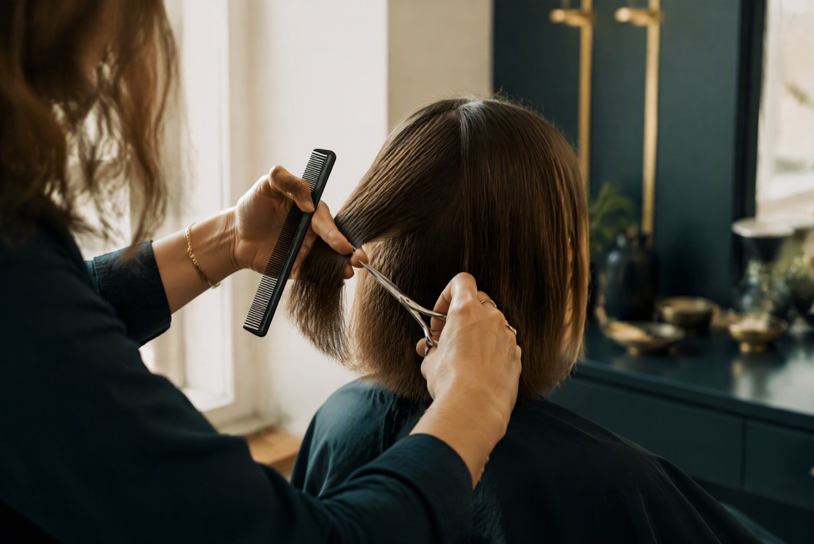 Mains d’une coiffeuse qui coupe des cheveux mi-longs au peigne et aux ciseaux